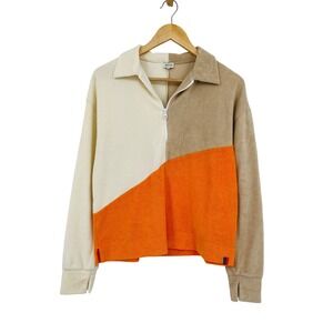 KULE The Terry Colorblock Quarter Zip Pullover Women Small Orange Beige Ivory